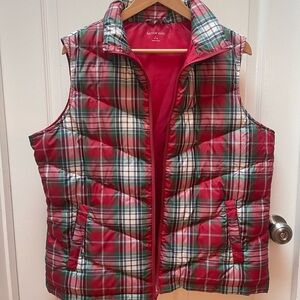 Lands End L/XL 14-16 Quilted Puffer Down Feather Vest Plaid Red Green Navy